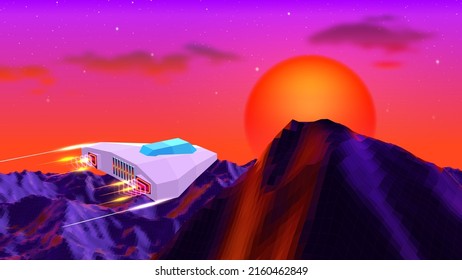 Arcade space ship flying to the sun over the landscape with 3D mountains, 80s style synthwave or retrowave illustration.