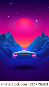 Arcade space ship flying to the sun over the blue landscape with 3D mountains. 80s style sci-fi synthwave or retrowave scenic view