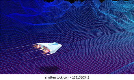 Arcade Space Ship Flying Through Blue Corridor Or Canyon Landscape With 3D Mountains, 80s Style Synthwave Or Retrowave Illustration