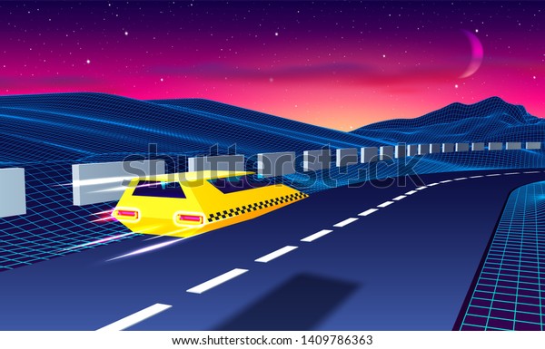 Arcade space taxi or cab flying over the\
road in blue corridor or canyon landscape with 3D mountains, 80s\
style synthwave or retrowave\
illustration