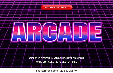 Arcade text effect, editable text effect style, retro synthwave neon bold text style