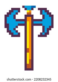 Arcade tools and weapon for knight or fighter, isolated pixelated ax with sharp blade and wooden handle. Chopping instrument. Pixel art, 8 bit retro graphics, old game design. Vector in flat style