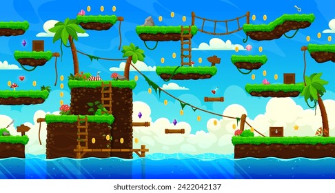 Arcade tropical island game level map interface. Sky clouds, palms and lianas, golden coins, platforms and bonuses, stairs or bridges over the sea. Cartoon vector fantasy world location Ui landscape