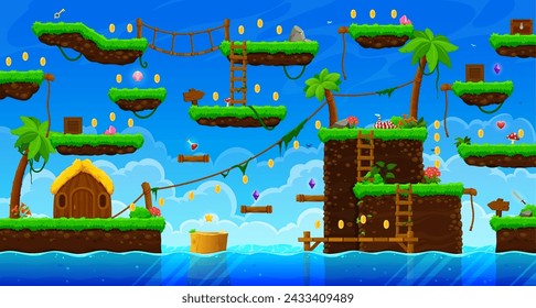 Interfaz de mapa de nivel de juego de isla pirata tropical arcade. Palmeras y lianas, monedas de oro, plataformas y escaleras, cuerdas y flores en el cielo, nubes y fondo de vector de mar. Recursos de IU de videojuegos 2d