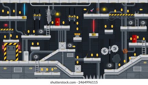 Arcade underground factory game level map interface. Traps and steel metal platforms and coins, golden stars on console or computer game level, arcade app vector background, retro videogame backdrop