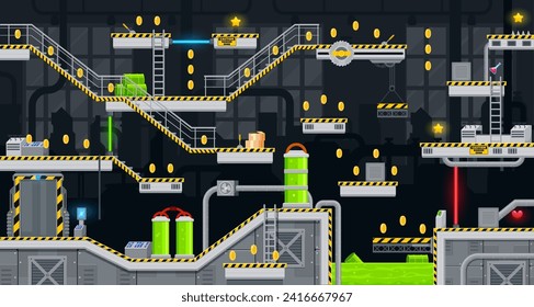 Arcade underground toxic factory, game level map interface, vector steel metal platforms and coins. Toxic waste barrels with green poison acid, danger obstacles or chemicals for arcade game background