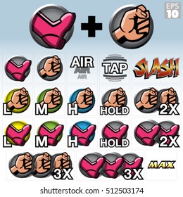 Arcade Video Game Fighting Style Icons, Kick, Punch And Slash Moves