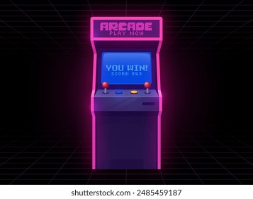 Arcade video game machine computer screen. Gamer interface template isolated graphic element. 80s or 90s games. Vector illustration