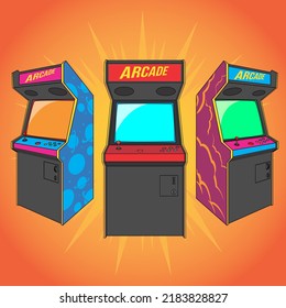 Arcade video game machines illustrations suitable for design element, infographic, or any other purpose.