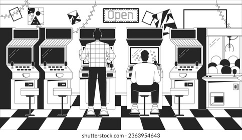 Arcade video gaming black and white lo fi aesthetic wallpaper. Old school machines outline 2D vector cartoon objects illustration, monochrome lofi background. Bw 90s retro album art, chill vibes