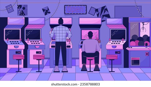 Arcade video gaming lo fi aesthetic wallpaper. Men playing games. Old school machines 2D vector cartoon objects illustration, purple lofi background. 90s retro album art, chill vibes