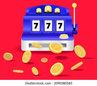 The arcade where the jackpot bursts and coins pour out illustration set. 777, Lucky, Joystick, Game, Win. Vector drawing. Hand drawn style.