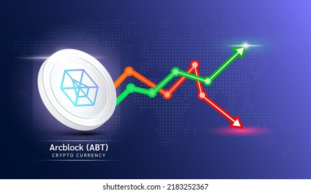 Arcblock coin white. Cryptocurrency token symbol with stock market investment trading graph green and red. Economic trends business concept. 3D Vector illustration.