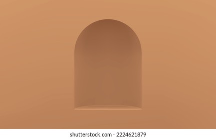 Arch 3d pedestal museum display beige curved hole in wall foundation for product presentation realistic vector illustration. Archway podium gallery platform minimalist decorative design