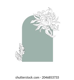 An arch with abstract silhouettes of chrysanthemums, leaves in a minimalist style on a white background. For the design of invitations, postcards  for a wedding, birthday. Stock vector illustration.