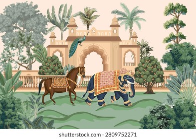 Arch architecture building white background. Mughal Garden, Peacock, Garden Illustration.
