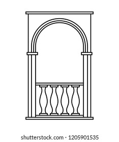 Arch with balusters vector illustration. Architecture element. Black linear, contour silhouette. 