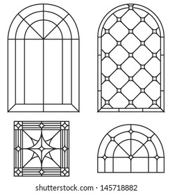 Arch, border and abstract seamless ornament, a set of classic stained glass window design silhouettes, templates, vector