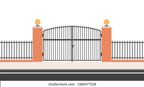 Arch brick door. railing vector. Wall fence. House gate vector.
