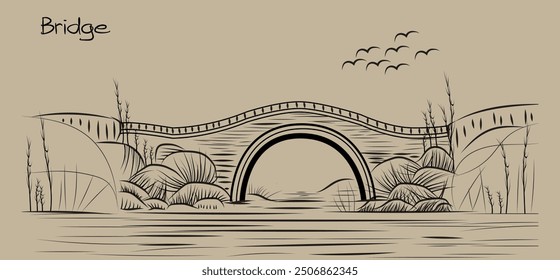 arch bridge, ancient bridge made of boulders, Retaining wall or fence, artistic brush art bridge. black and white, isolated gray, art sense, natural environment bridge sense,