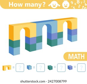 Arch bridge. Counting math game for kids. Geometric shapes construction. Educational mathematics puzzle. Count how many geometric shapes are in the picture and write the result. Vector illustration