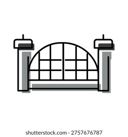 Arch bridge structure featuring a semi circular design with support pillars, representing architectural construction and connection elements with a clean, linear style