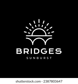 arch bridge with sunset sunburst line style simple modern clean flat logo design vector icon illustration