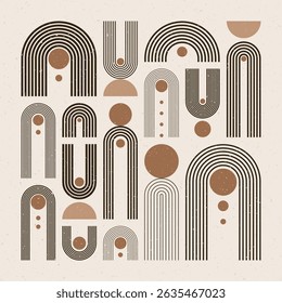 Arch and circle elements, modern geometric shapes. Contemporary design, mid century minimalist art. Trendy design elements for wall decor, posters, books, covers and flyers. Vector illustration