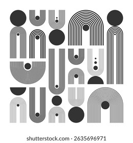 Arch and circle elements, modern geometric shapes. Contemporary design, mid century minimalist art. Trendy design elements for wall decor, posters, books, covers and flyers. Vector illustration