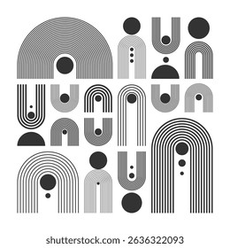 Arch and circle elements, modern geometric shapes. Contemporary design, mid century minimalist art. Trendy design elements for wall decor, posters, books, covers and flyers. Vector illustration