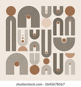 Arch and circle elements, modern geometric shapes. Contemporary design, mid century minimalist art. Trendy design elements for wall decor, posters, books, covers and flyers. Vector illustration