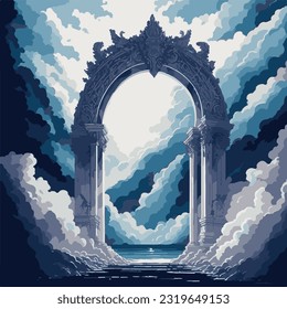 Arco con nubes. Ilustración vectorial de la entrada al cielo.