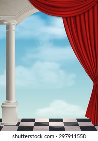 Arch with columns and curtain on background sky with clouds