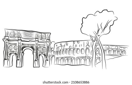 Arch of Constantine and Colosseum in Rome, Italy. Black and white outline hand drawn vector sketch