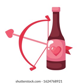 arch cupid and arrow with bottle wine isolated icon vector illustration design