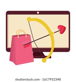 arch cupid with bag shopping and computer isolated icon vector illustration design