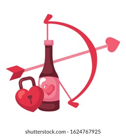 arch cupid with bottle wine and padlock vector illustration design