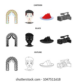 The arch is decorated with roses and silk, a clown in a cap, a plate with red napkins, a video camera. Event services set collection icons in cartoon,black,outline style vector symbol stock