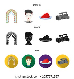 The arch is decorated with roses and silk, a clown in a cap, a plate with red napkins, a video camera. Event services set collection icons in cartoon,black,flat style vector symbol stock illustration