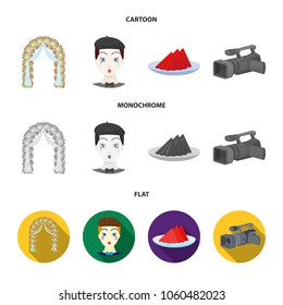 The arch is decorated with roses and silk, a clown in a cap, a plate with red napkins, a video camera. Event services set collection icons in cartoon,flat,monochrome style vector symbol stock