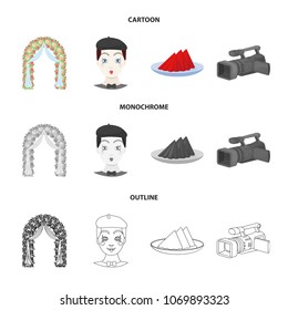 The arch is decorated with roses and silk, a clown in a cap, a plate with red napkins, a video camera. Event services set collection icons in cartoon,outline,monochrome style vector symbol stock