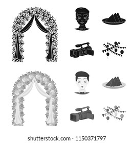 The arch is decorated with roses and silk, a clown in a cap, a plate with red napkins, a video camera. Event services set collection icons in black,monochrom style vector symbol stock illustration web
