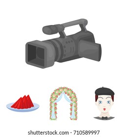 The arch is decorated with roses and silk, a clown in a cap, a plate with red napkins, a video camera. Event services set collection icons in cartoon style vector symbol stock illustration web.