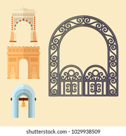 Arch design architecture construction frame classic, column structure gate door facade and gateway building ancient construction vector illustration.