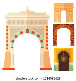Arch design architecture construction frame classic, column structure gate door facade and gateway building ancient construction vector illustration.