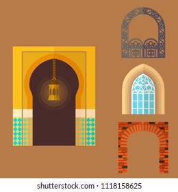 Arch design architecture construction frame classic, column structure gate door facade and gateway building ancient construction vector illustration.