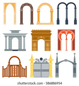 Arch design architecture construction frame classic, column structure gate door facade and gateway building ancient construction vector illustration.