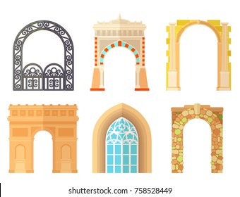 Arch Design Architecture Construction Frame Classic, Column Structure Gate Door Facade And Gateway Building Ancient Construction Vector Illustration.