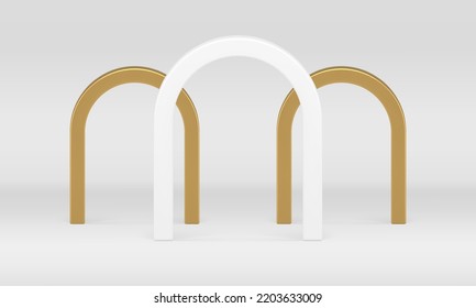 Arch display foundation premium studio background basic showcase 3d design realistic vector illustration. Archway scene architect expo construction for product presentation decorative curved column