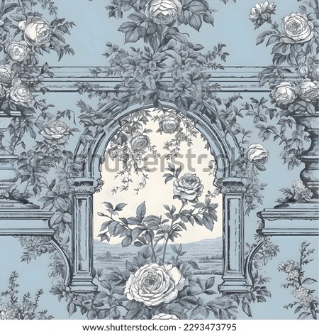 Arch door with flowers in toile de jouy seamless pattern illustration Stock foto © 